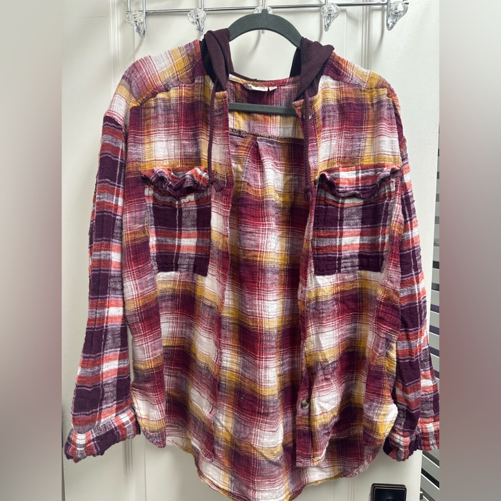 Women’s Flannel Hooded Button Up Shacket SZ M